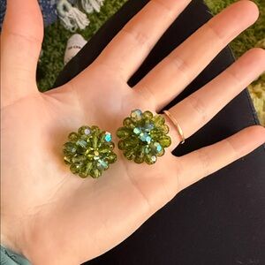 Elegant Green Vintage Crystal Earrings Clip On